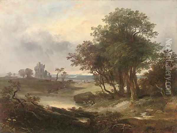 A ruined castle beyond a pool Oil Painting - Horatio Macculloch