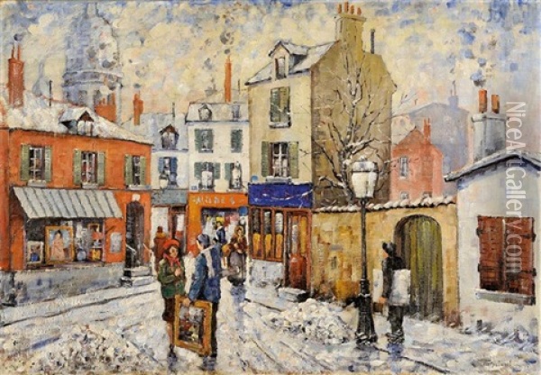 Rue Animee De Montmartre Sous La Neige Oil Painting - Petr Ivanovich Petrovichev