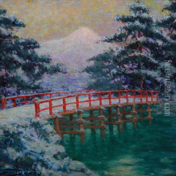 A Japanese Garden With A View To The Mount Fuji Oil Painting - Georges Dantu