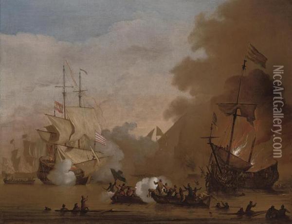 An Action Between An English Ship And Vessels Of The Barbarycorsairs Oil Painting - Willem van de, the Elder Velde