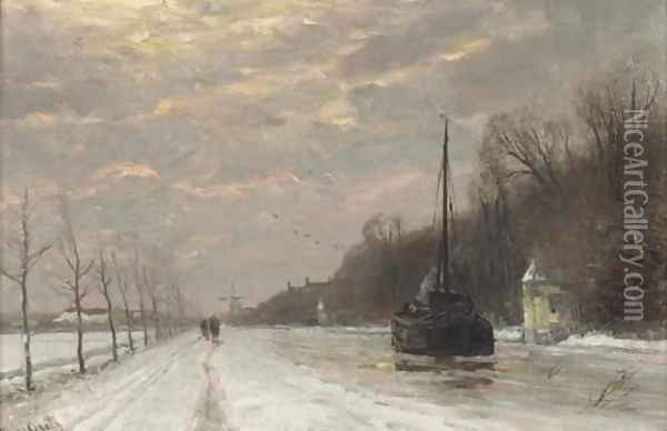 By the canal in winter at dusk Oil Painting - Louis Apol