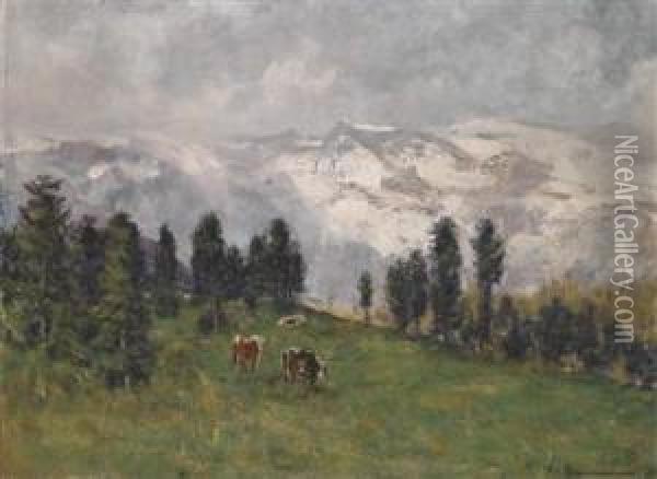 Pasture With Three Cows Oil Painting - Theodor, Freiherr Von Ehrmanns