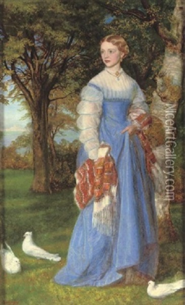 Portrait Of Mrs Louisa Jenner In A Blue Dress Against An Edinburgh Landscape Oil Painting - Arthur Hughes