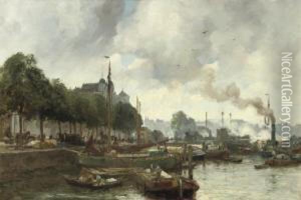 A Busy Day In The Rotterdam Harbour Oil Painting - August Willem van Voorden