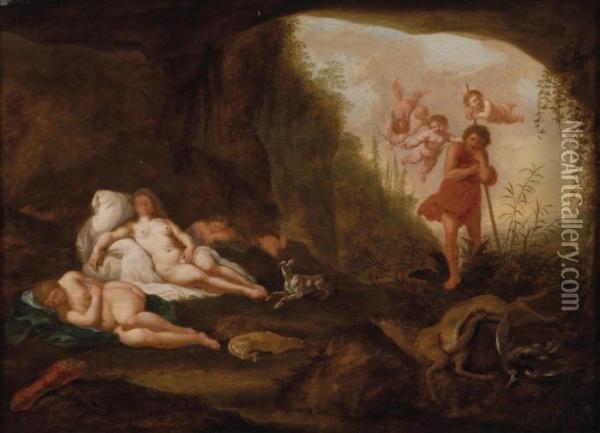 The Sleeping Diana And Her Nymphs In A Grotto Oil Painting - Abraham van Cuylenborch