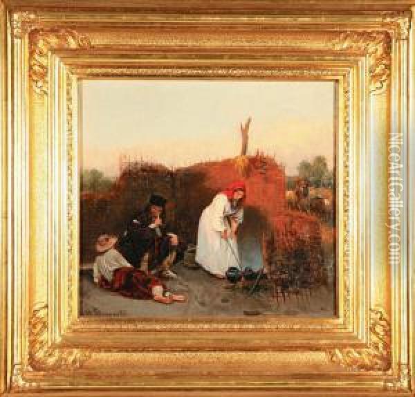 Ognisko Wieczorne Oil Painting - August Wilhelm Stryowski