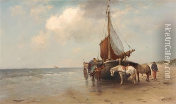 Kustenlandschaft Mit Segelboot, Fischern Und Pferden Oil Painting - Jan Hendrik Scheltema
