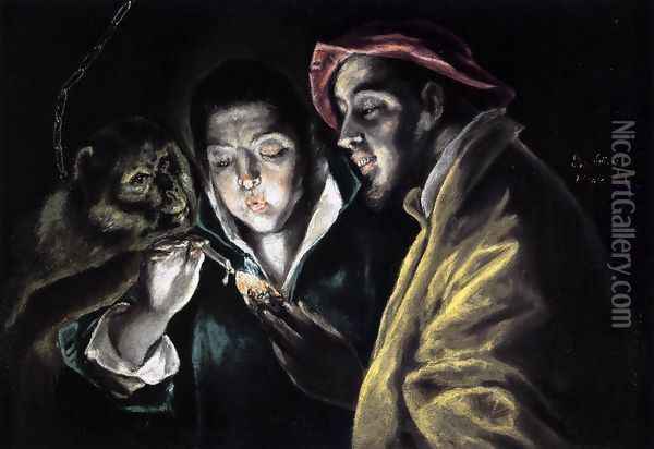 An Allegory with a Boy Lighting a Candle in the Company of an Ape and a Fool (Fábula) 1577-79 Oil Painting - El Greco (Domenikos Theotokopoulos)