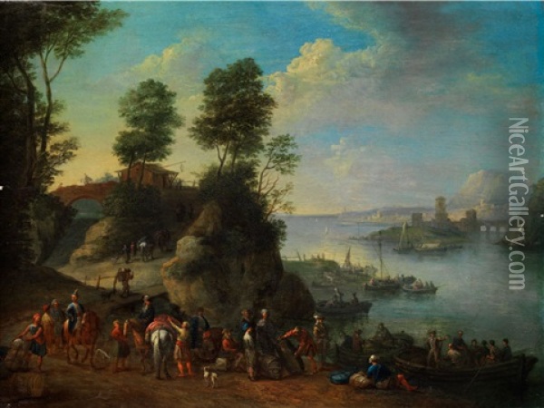 Flusslandschaft Mit Reitern Und Booten Oil Painting - Jan Frans van Bredael the Elder