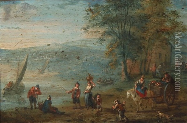 Fishermen And Peasants Trading On A Riverbank Oil Painting - Theobald Michau