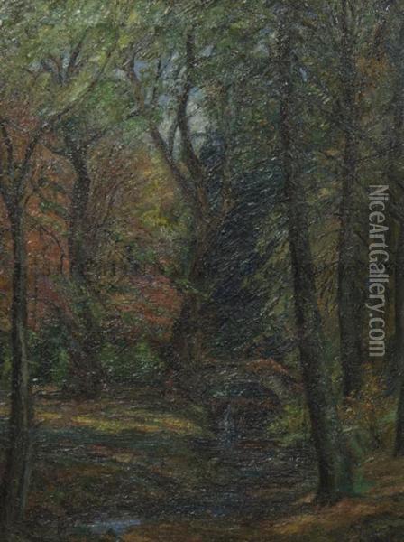 Forest Landscape With Bridge, Stream, And Swan Oil Painting - Elizabeth Gowdy Baker