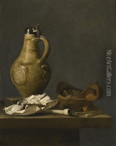 Still Life With An Earthenware Jug, A Deck Of Cards And Smoking Paraphernalia Oil Painting - Jan (Johannes) Fris