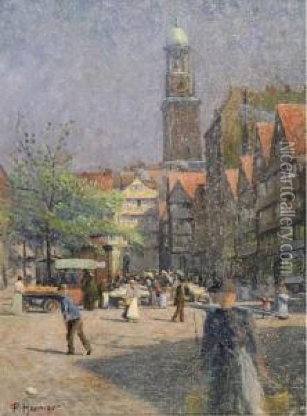 Belebter Markt Vor Der Michaeliskirche In Hamburg Oil Painting - Paul Hoeniger