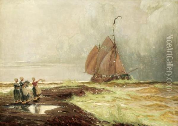 Friesische Fischersfrauen Nehmen Abschied Vom Auslaufendemfischkutter Oil Painting - Athanasius Kircher