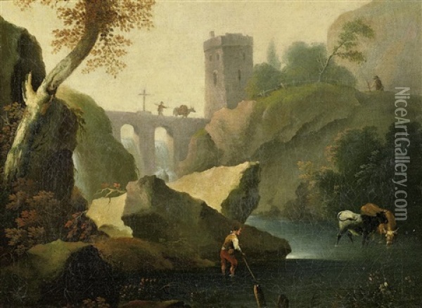 Flusslandschaft Mit Zwei Anglern (+ Flusslandschaft Mit Wasserfall; 2 Works) Oil Painting - Jean Baptiste Lallemand