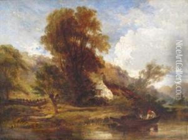 River Landscape With A Man In A Boat By A Cottage Oil Painting - William James Muller