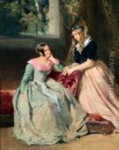 Two Elegant Young Ladies In Conversation Oil Painting - William Powell Frith