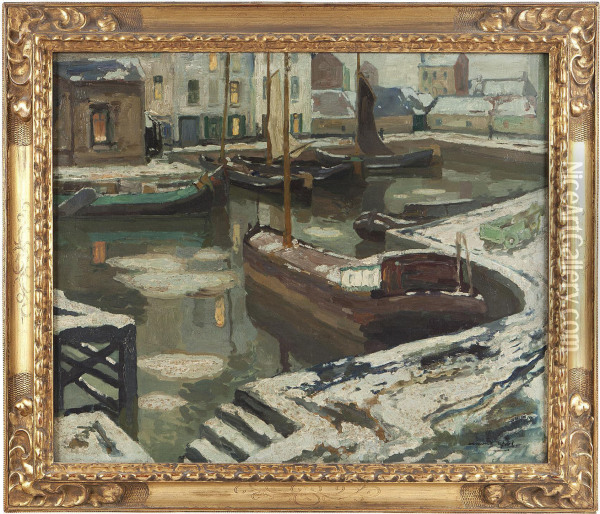 Barges In A Harbour In Winter Oil Painting - Armand Apol