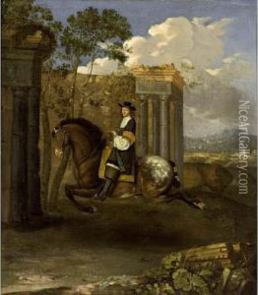 An Equestrian Portrait Of A 
Gentleman, Aged 55, Riding A Bay Horse, In The Position Of The Oil Painting - Barent Graat