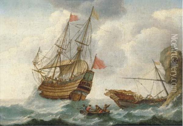 A Warship In Distress Off The Coast Oil Painting - Jacob Gerritz Loef