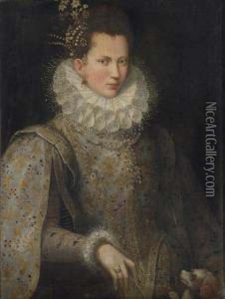 Portrait Of A Lady, Half-length, In An Embroidered Gown And Whitecollar, With A Dog Oil Painting - Lavinia Fontana