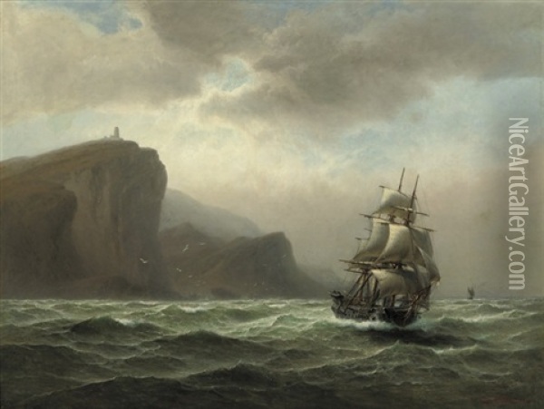 A Three-master By A Rocky Coast Oil Painting - Franz Johann (Wilhelm) Huenten