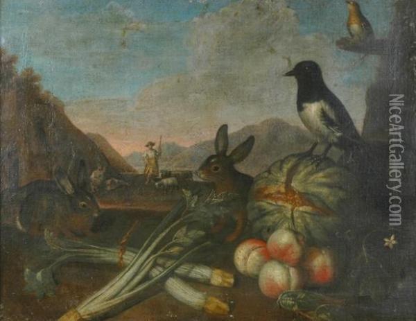 Still Life With Fruit And Animals In A Landscape Oil Painting - Bartolomeo Passarotti