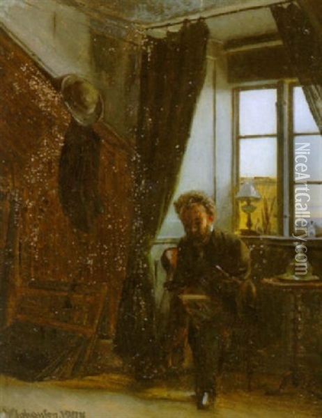 Interior Med Siddende Kunstner Ved Et Vindue Oil Painting - Viggo Johansen