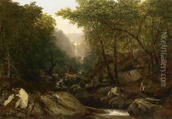 Waterfall in the Woods with Indians Oil Painting - John Frederick Kensett