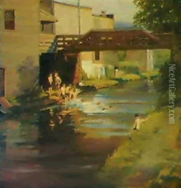 Boys Bathing On The Canal, New Hope Oil Painting - Mary Smith Perkins Taylor