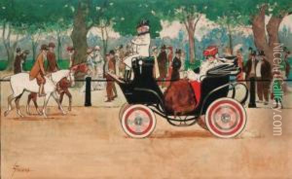 Figures In A Motorcar; And A Young Lady In A Motorizedcarriage Oil Painting - Lance Thackeray