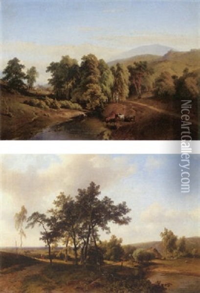 A Summer Landscape With Cows Fording In A River Oil Painting - Pieter Lodewijk Francisco Kluyver