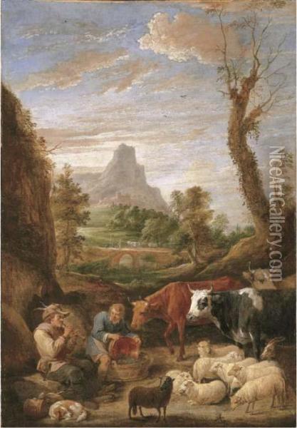A Pastoral Landscape With A Shepherd Playing A Pipe With Cattle And Sheep Oil Painting - David The Younger Teniers