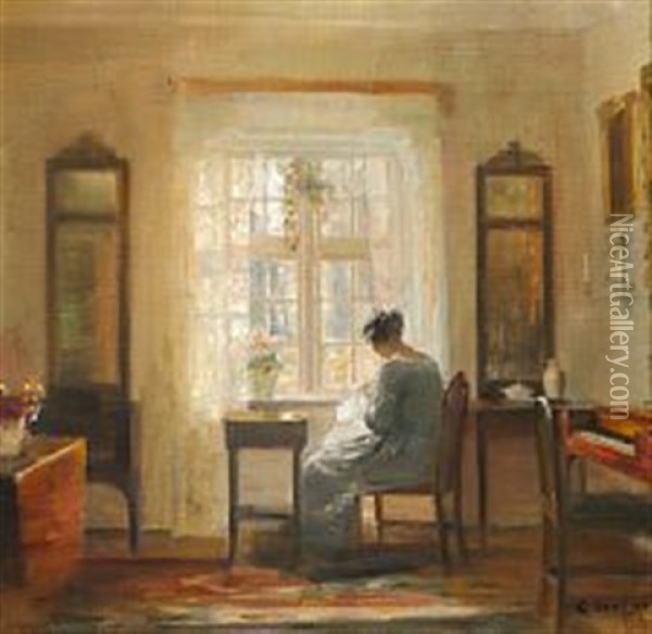 Sewing Woman At The Window Oil Painting - Carl Vilhelm Holsoe