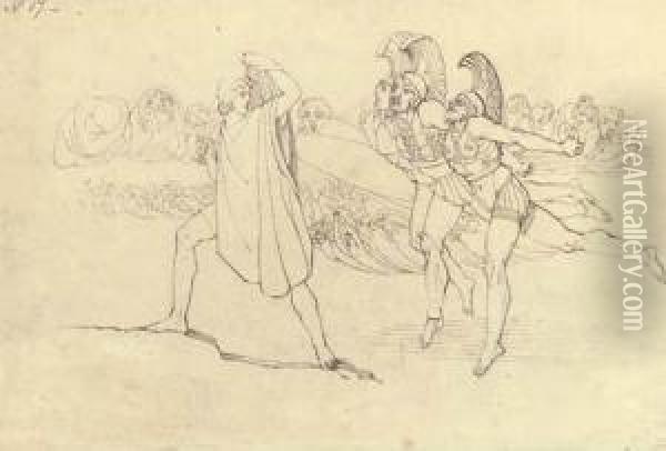 Illustration To Homer's Odyssey: Odysseus Terrified By The Ghosts Oil Painting - John Flaxman