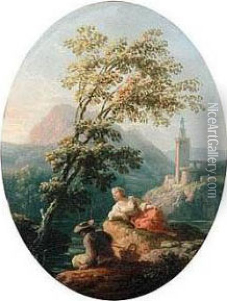 River Landscape With A Man And Woman Fishing, A Church Beyond Oil Painting - Claude-joseph Vernet