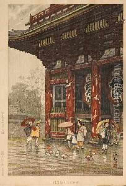 Asakusa Kannon In Rain Oil Painting - Ginnosuke Yokouchi