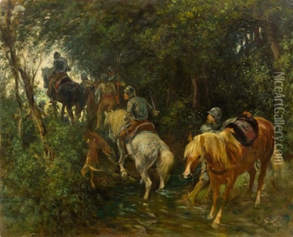 Soldiers On Horseback On A Forest Path Oil Painting - Johann Rudolf Koller