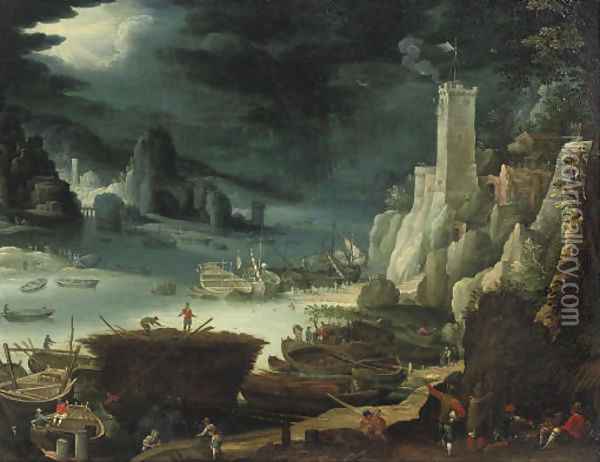A harbour scene with soldiers sitting around a fire, figures at work on their boats nearby Oil Painting - Paul Bril