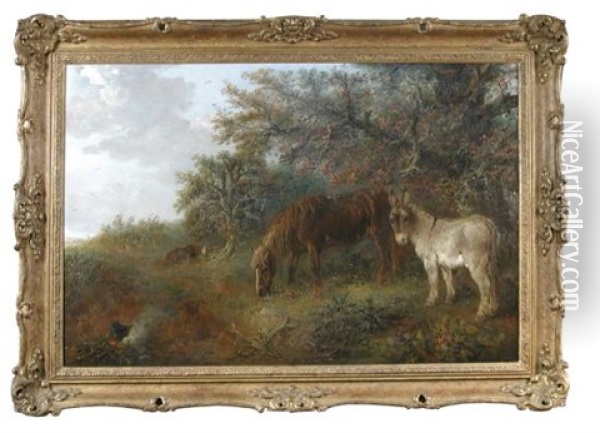 A Chestnut Pony And A Donkey, With A Gypsy Encampment Beyond Oil Painting - Edward Robert Smythe