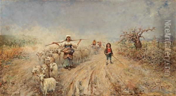 Returning Herd In The Campagna Oil Painting - Rafael Senet y Perez