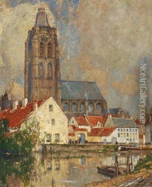 Teilansicht Der Hollandischen Stadt Oudenarde, Partie Am Wasser Mit Kathedrale Oil Painting - Hendrick Cassiers
