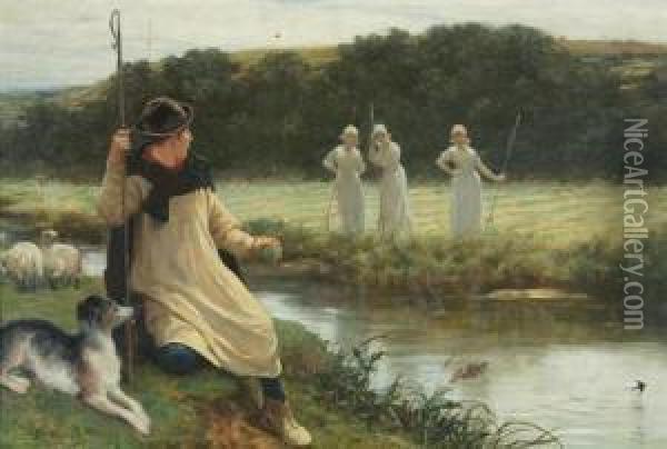 Young Shepherd In A Pastoral Landscape With Figures Oil Painting - Phillip Richard Morris