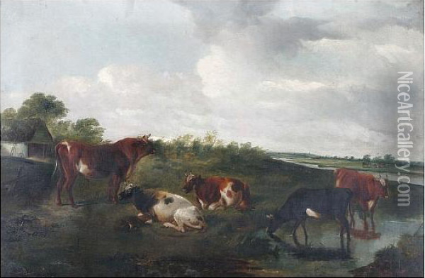 Cattle Grazing Before A River Landscape Oil Painting - Henry Brittan Willis