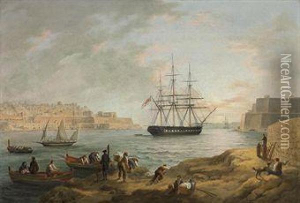H.m.s. 
Portland 
 In The Harbour Of Malta Oil Painting - Johann Schranz