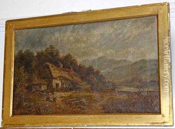 Figures By A Croft In A Mountainouslandscape Oil Painting - M.M. Jacobi