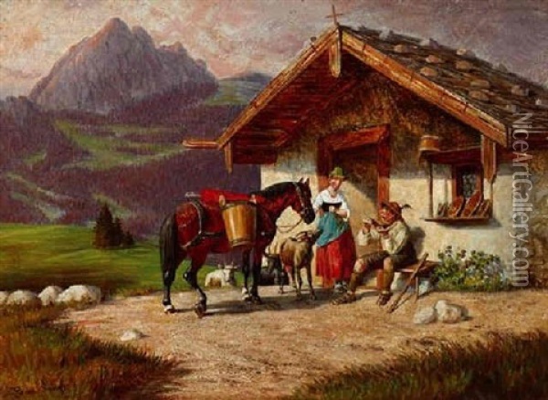 Gesprach Vor Der Almhutte Oil Painting - Franz Quaglio