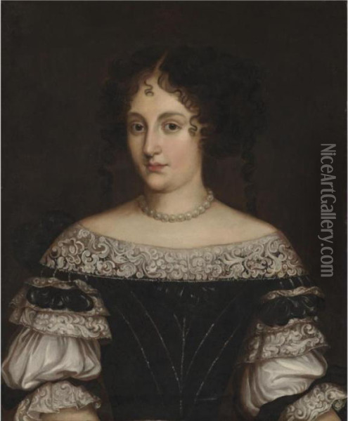 Portrait Of A Lady, Half Length,
 Wearing A Black-and-white Dress With A Lace Trim And Pearl Necklace Oil Painting - Jacob Ferdinand Voet