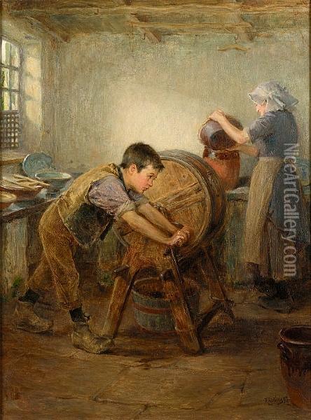 The Butter Churn Oil Painting - Ralph Hedley