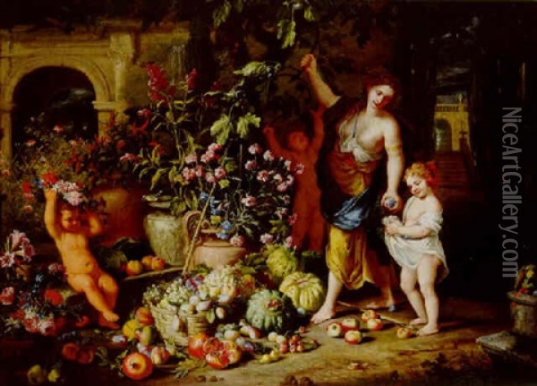 A Young Woman Picking Figs With Three Children In A Terraced Garden Oil Painting - Abraham Brueghel